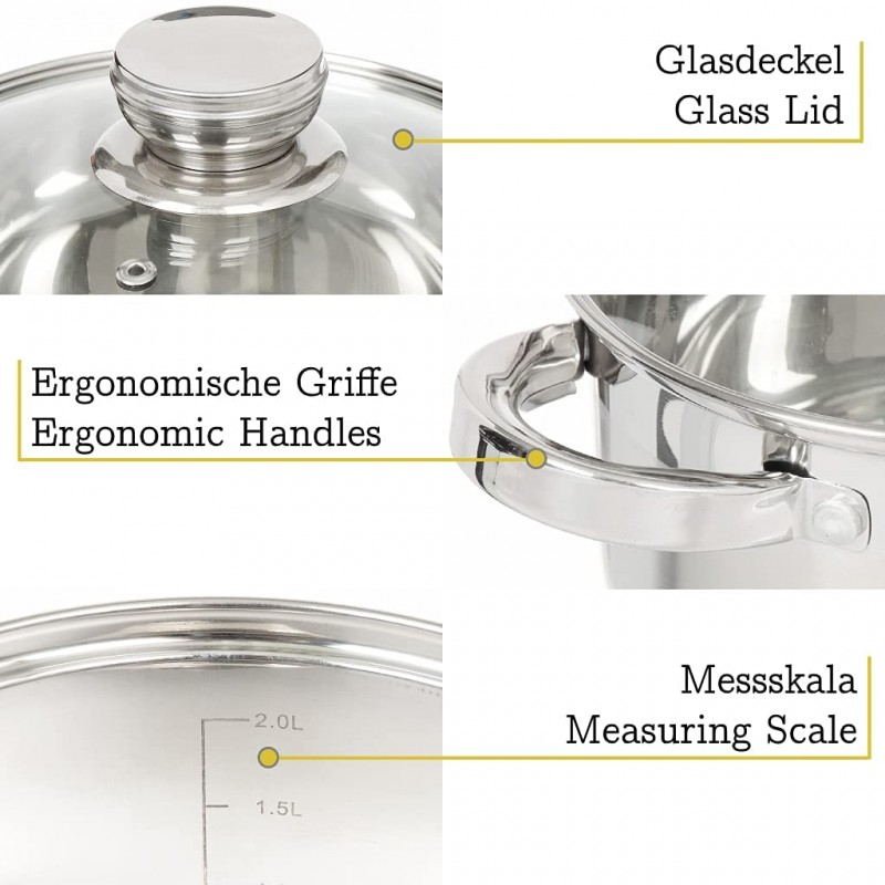 per tutti i tipi di fornelli Pentola standard in acciaio inox Daniks 2 L + 3 L + 4 L induzione + coperchio in vetro 