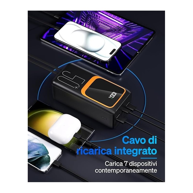 Power Bank 50000 MAh Con Cavo Integrato - Batteria Esterna 22.5W Ricarica Rapida, 7 Uscite, 3 Ingressi, Torcia LED, Nero