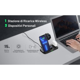 Caricabatterie INIU RICARICA 15W CARICATORE WIRELESS 3 IN 1 PER IPHONE APPLE WATCH E AIRPODS